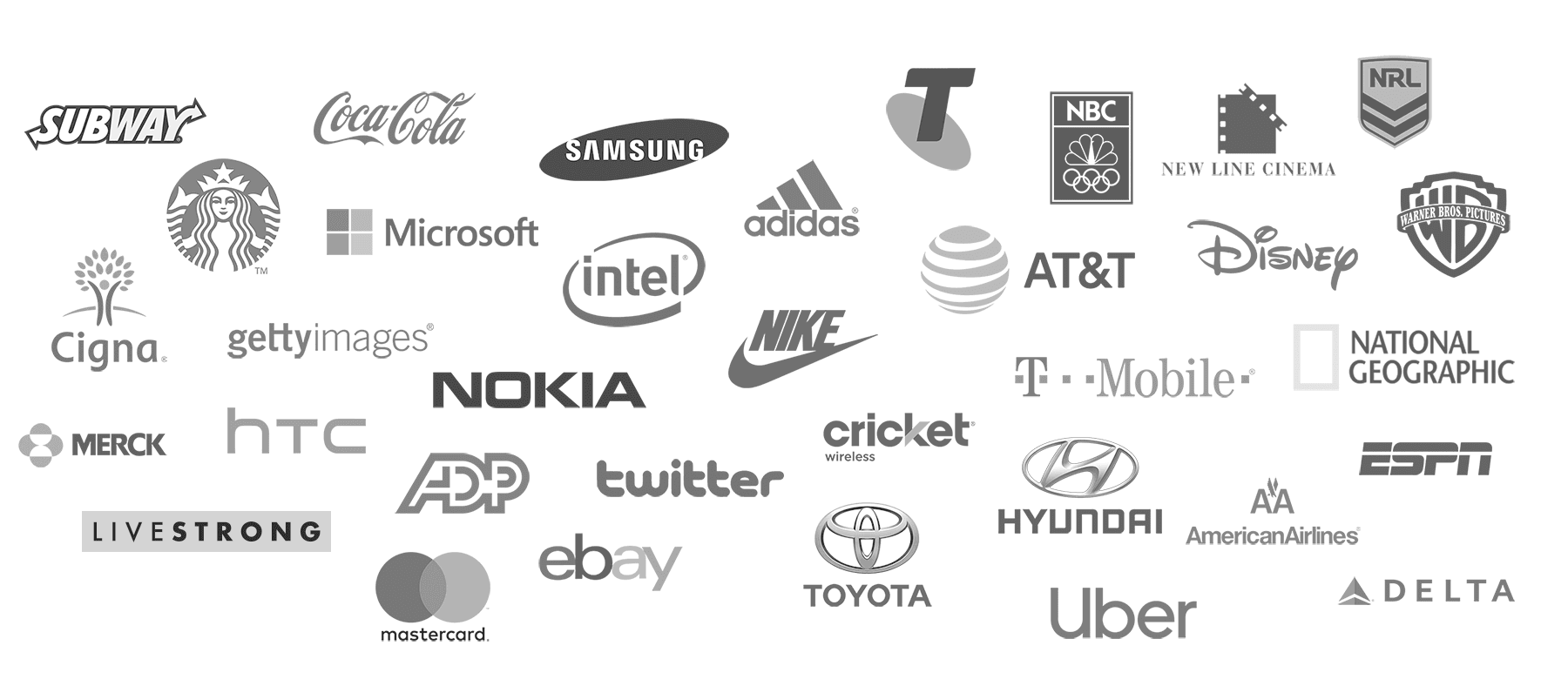 Logos of corporate partners including Subway, Coca-Cola, Samsung, adidas, Microsoft, Intel, Nike, AT&T, Disney and others