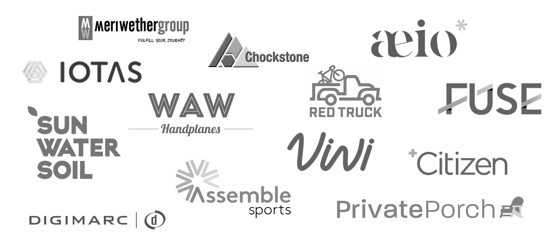 Logos of ventures including Meriwether Group, Chockstone, aeio, IOTAS, Sun Water Soil, Vivi, Citizen, Assemble Sports, Digimarc and PrivatePorch